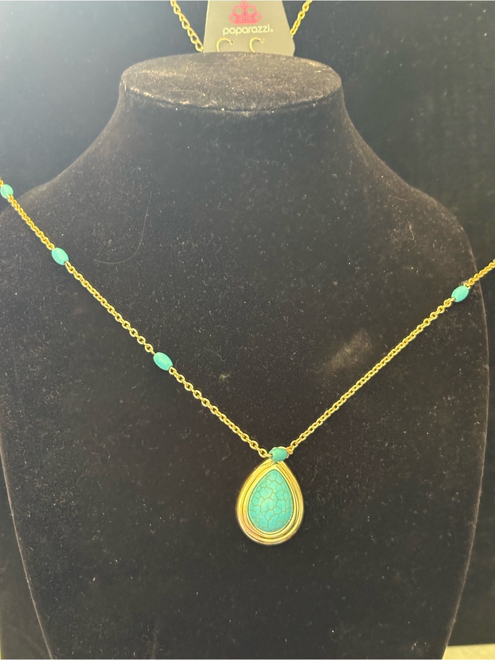 Paparazzi Turquoise Teardrop Pendant Necklace - Gold